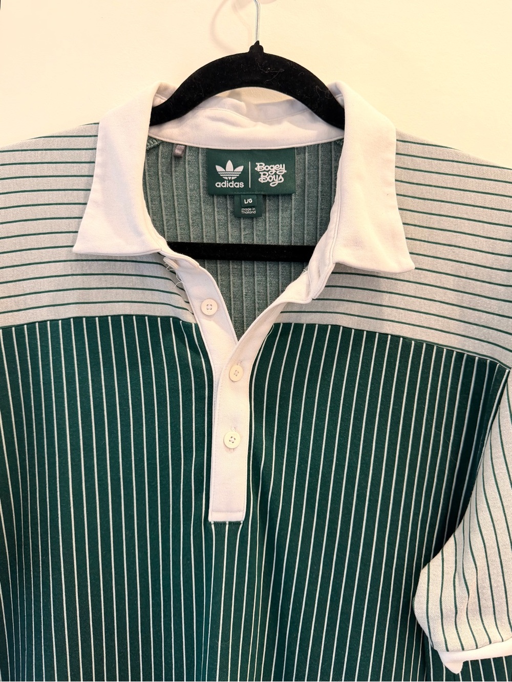 Adidas x Bogey Boys Retro Knit Pinstripe Golf Polo Shirt Green White L